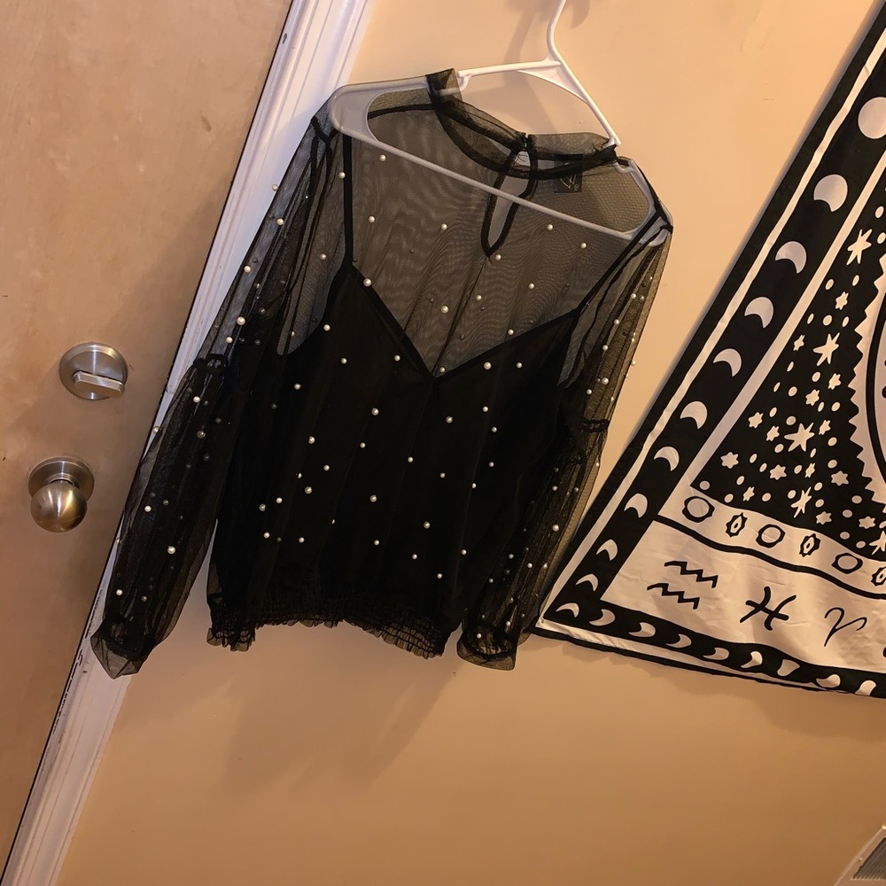 Black Sheer Blouse with Pearl Accents - Picture 2 of 3